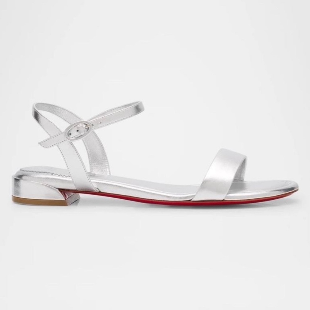 CHRISTIAN LOUBOUTIN SWEET JANE SANDAL FLAT SILVER LEATHER ANKLE STRAP 38.5 NEW